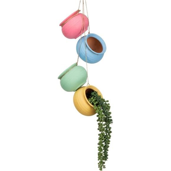 MyGift 4-Pot Bright Pastel Ceramic Hanging Flower Planter Set - Picture 2 of 7